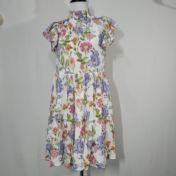 Yumi Kim Floral Hopefield Ivory Peyton Mini Dress Popover Ruffle Sleeves X-Small - Picture 1 of 7